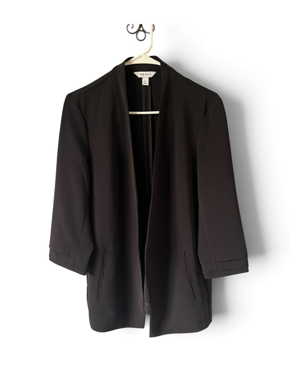 Nine West Black Open-Front Lightweight Blazer 3/4 Sleeve Career Minimalist Med.